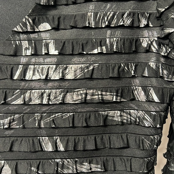 Frank Lyman brand black and silver 3/4 sleeve ruffle top with v neck. - Picture 3 of 4